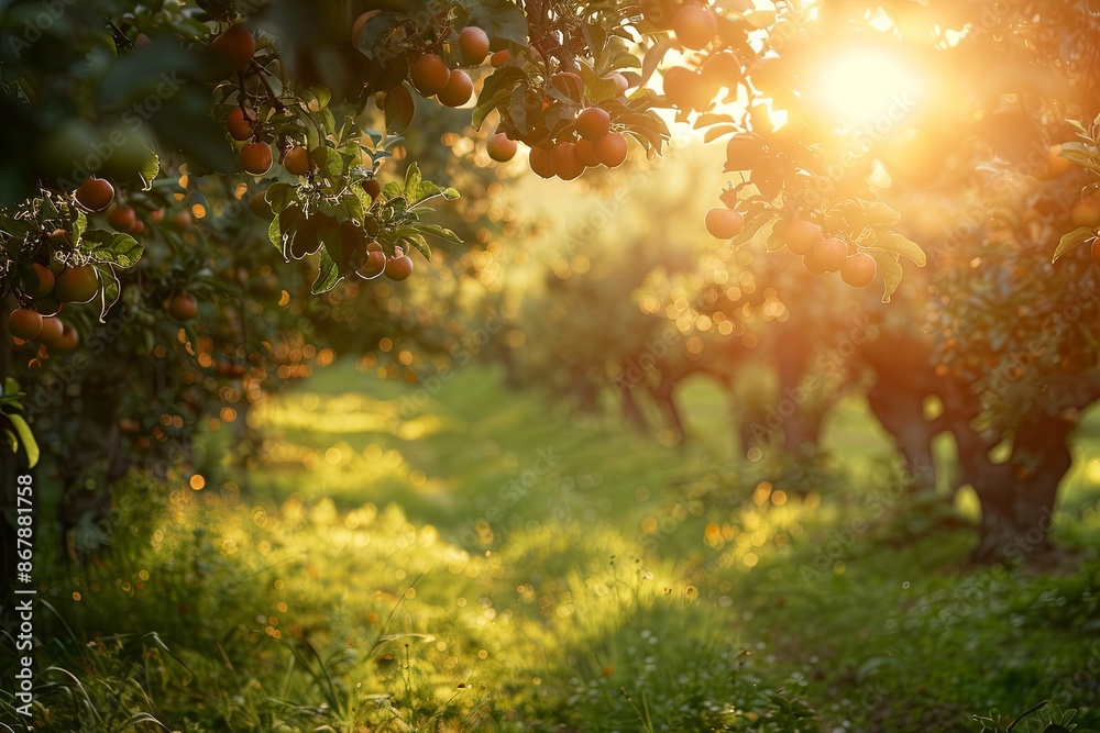 Poster a beautiful apple orchard bathed in the warm glow of the setting sun. the trees are laden with ripe 