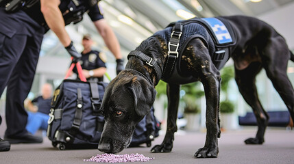 A trained police dog finds suspicious substances in a traveler's suitcase in the airport, drug alarm