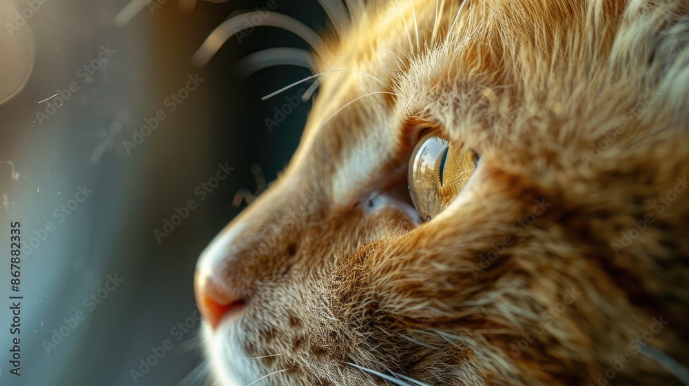 Poster Yellow domestic cat looking down photo for text space Pet concept