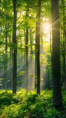 Fototapeta premium Sunlight streaming through the trees. The forest, the sun, the trees
