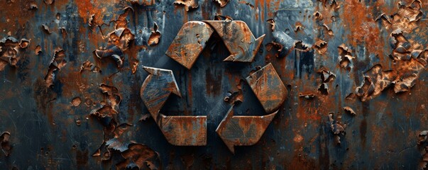 Rusty recycling symbol on a corroded metal surface, environmental decay concept