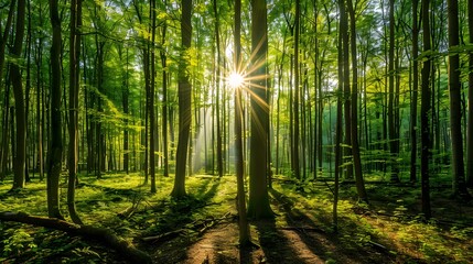 Sunlight streaming through the trees. The forest, the sun, the trees