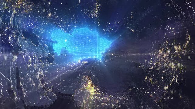 Digital Pixel Art Earth Night from Space Rotate and Zoom Shining Country Kazakhstan