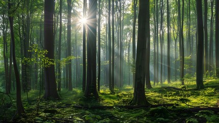 Obraz premium Sunlight streaming through the trees. The forest, the sun, the trees