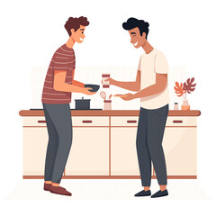 LGBT couple preparing breakfast in a bright kitchen. Two men of different races chatting during lunch break. People in flat style, on the theme of LGBT