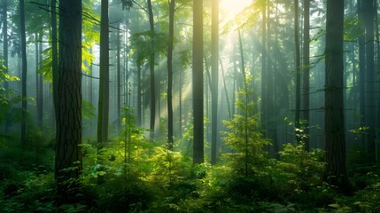 Fototapeta premium Sunlight streaming through the trees. The forest, the sun, the trees