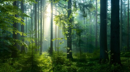 Fototapeta premium Sunlight streaming through the trees. The forest, the sun, the trees