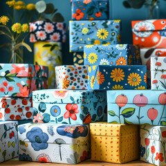 A room with a colorful wall and a stack of presents.