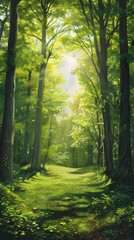 Obraz premium Sunlight penetrating the forest, sun, forest, sun reflections, trees