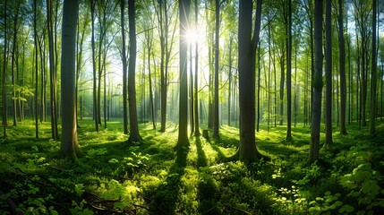 Naklejka premium Sunlight penetrating the forest, sun, forest, sun reflections, trees