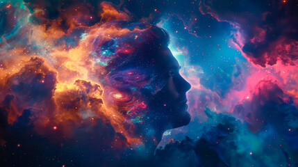 Fototapeta premium Holographic portrait of a person, emanating light against a backdrop of cosmic nebula 