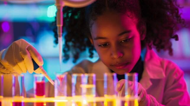 A girl in a lab uses a pipette, a plastic tool, to add a liquid into a test tube. She is learning about science and education.