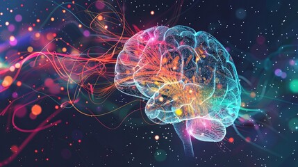 Obraz premium A colorful image of a brain with sparkling lights and lines on a black background.