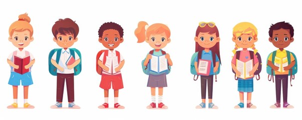 A group of children are standing in a line, each holding a backpack. The scene is likely a school setting. Illustration.