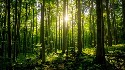 Obraz premium Sunlight penetrating the forest, sun, forest, sun reflections, trees