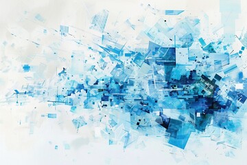 Pixelated synergy: Abstract blue shapes, pixelated and vibrant, merge and optimize on a white canvas, symbolizing the confluence of diverse concepts and continuous advancement.