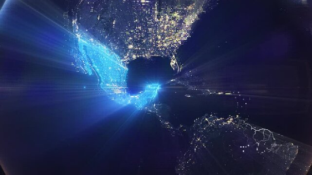 Digital Pixel Art Earth Night from Space Rotate and Zoom Shining Country Mexico