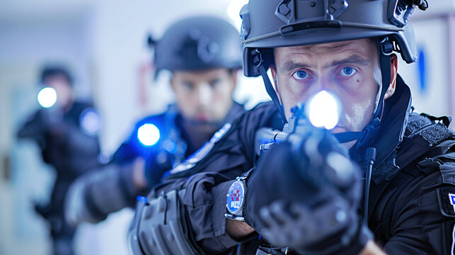 dynamic photo of police officers with battering ram and flashlights in tactical gear entering a residence