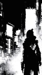 Obraz premium A person walks through a futuristic city at night