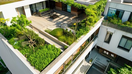 Minimalist urban rooftop garden, showcasing green oasis, in a style blending documentary, editorial, and magazine photography