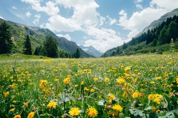 Minimalist alpine meadow, highlighting untouched nature, in a style blending documentary, editorial, and magazine photography