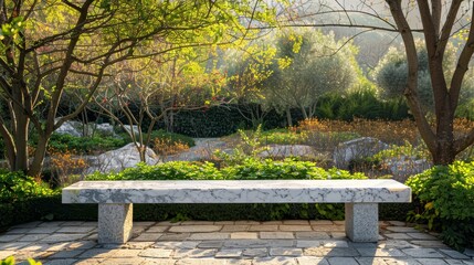 Naklejka premium An outdoor marble bench in a landscaped garden