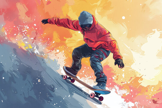 comic illustration of a happy guy skateboarding
