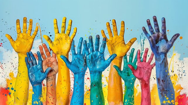 A diverse collection of raised hands against a blue backdrop symbolizing unity and the power of democratic participation