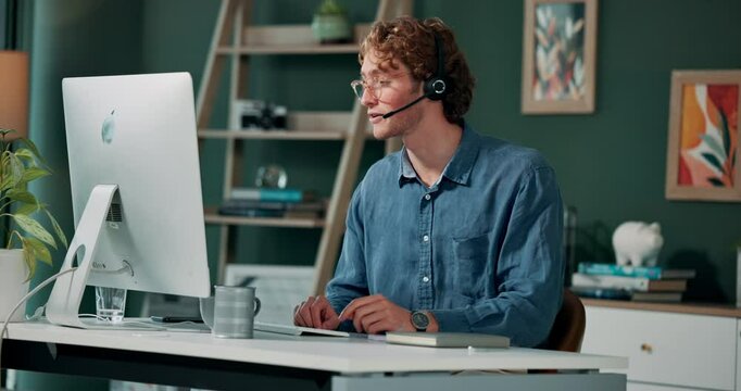 Receptionist, computer and man with headset in office for customer service, support and telecom. Creative agency, worker and consulting with client for business info, help and schedule of appointment