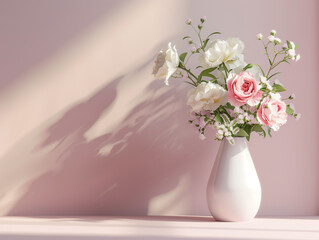 A white vase with a bouquet of delicate white and pink flowers stands on a table, illuminated by sunlight against a pink wall with shadows. Greeting card. Copy space