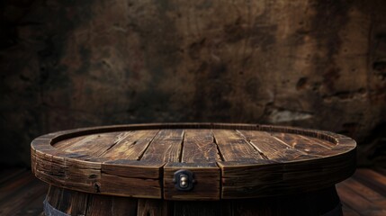 Fototapeta premium An old wooden barrel standing in a dimly lit rustic environment, evoking a vintage and historical mood.
