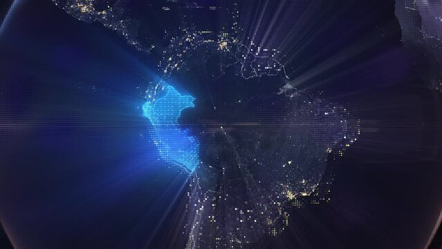 Digital Pixel Art Earth Night from Space Rotate and Zoom Shining Country Peru
