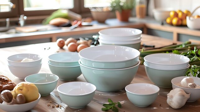 Versatile mixing bowl set various sizes ideal for food preparation placed on a kitchen island with fresh ingredients ready for baking