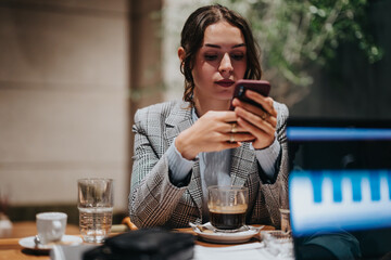 A young businesswoman sits in a coffee shop, using her smart phone and working remotely with a laptop, enjoying a break with coffee.
