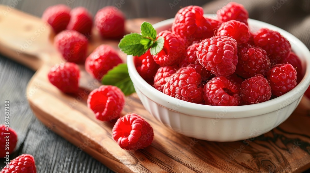 Poster ripe sweet raspberries in a white bowl on a wooden board