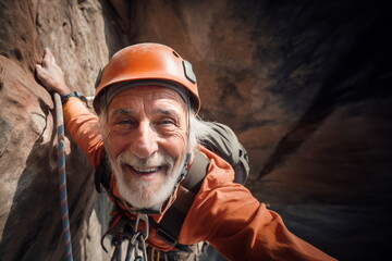 Elderly adventurer reaching new heights demonstration of strength and resilience. Mature climber exhilarated thrill of ascent and natural freedom. Convergence of physical challenge and natural beauty
