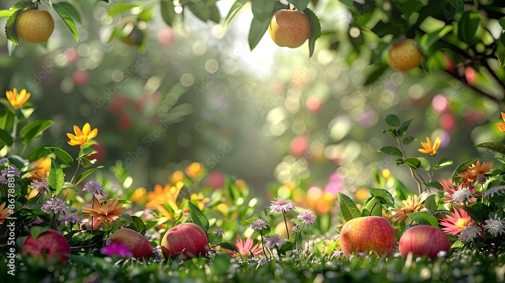 Poster A beautiful scene of ripe apples hanging from a tree branch in a sunlit orchard, with a field of colorful flowers in the foreground. Generative AI