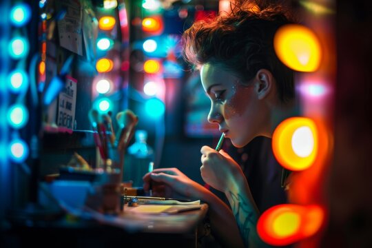 Woman Applying Makeup with Glitter Under Neon Lights
