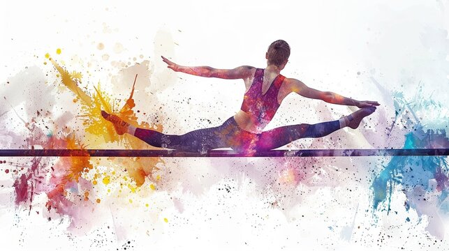 Watercolor gymnast on parallel bars, sports, strength and balance