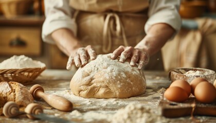 Baker Kneading Dough with Flour on a Wooden Table