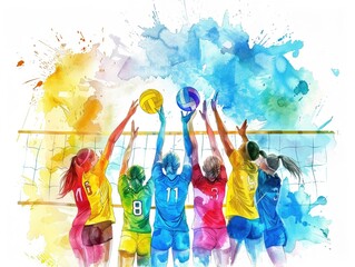 Watercolor volleyball team celebrating, Olympic sports, teamwork and joy