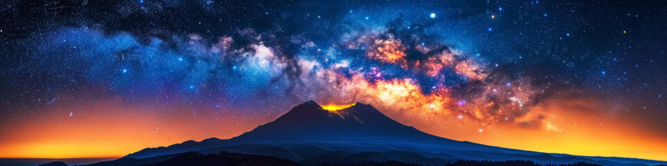 Fototapeta premium panorama view, abstract mountains under milky way, sunset or sunrise, dawn or dusk, evening or morning, fantasy nature. Wall Art Poster Print Design for Home Decor, Decoration Artwork, Wallpaper