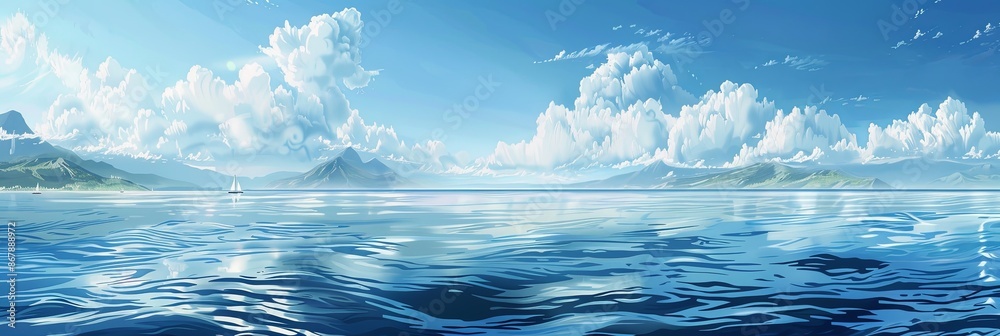 Aufkleber a digital illustration of a peaceful ocean scene with white fluffy clouds in a clear blue sky, and d