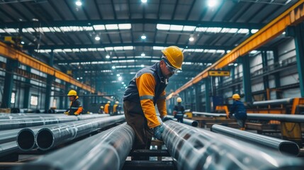 Fototapeta premium Hispanic and Asian male workers in a modern factory handling steel pipes. Concept of industrial labor, teamwork, manufacturing process, engineering