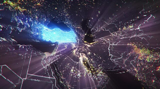 Digital Pixel Art Earth Night from Space Rotate and Zoom Shining Country Turkey