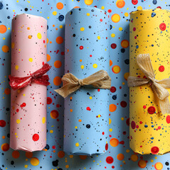 A row of colorful wrapping paper with polka dots and stars.