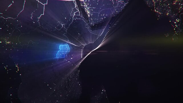 Digital Pixel Art Earth Night from Space Rotate and Zoom Shining Country Uganda
