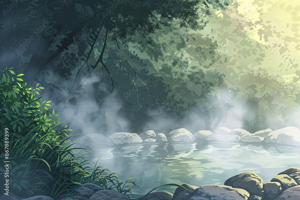 Poster A serene scene of a steaming hot spring nestled in a lush forest. The rising mist creates an ethereal atmosphere. Generative AI