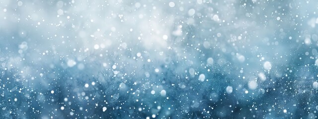 Winter snowflakes in a frosty blue atmosphere. Concept of snow, weather, cold season, holiday mood. Abstract soft winter background. Copy space. Banner