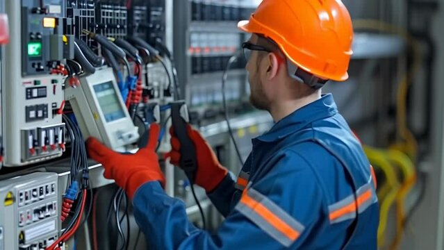 An electrician in a safety helmet and gloves performs diagnostics on electrical equipment in an industrial setting.